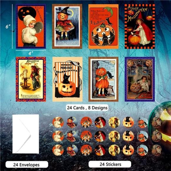 24 Pcs Vintage Halloween Greeting Cards With Envelopes and Stickers, 4 X 6" - Picture 3 of 7